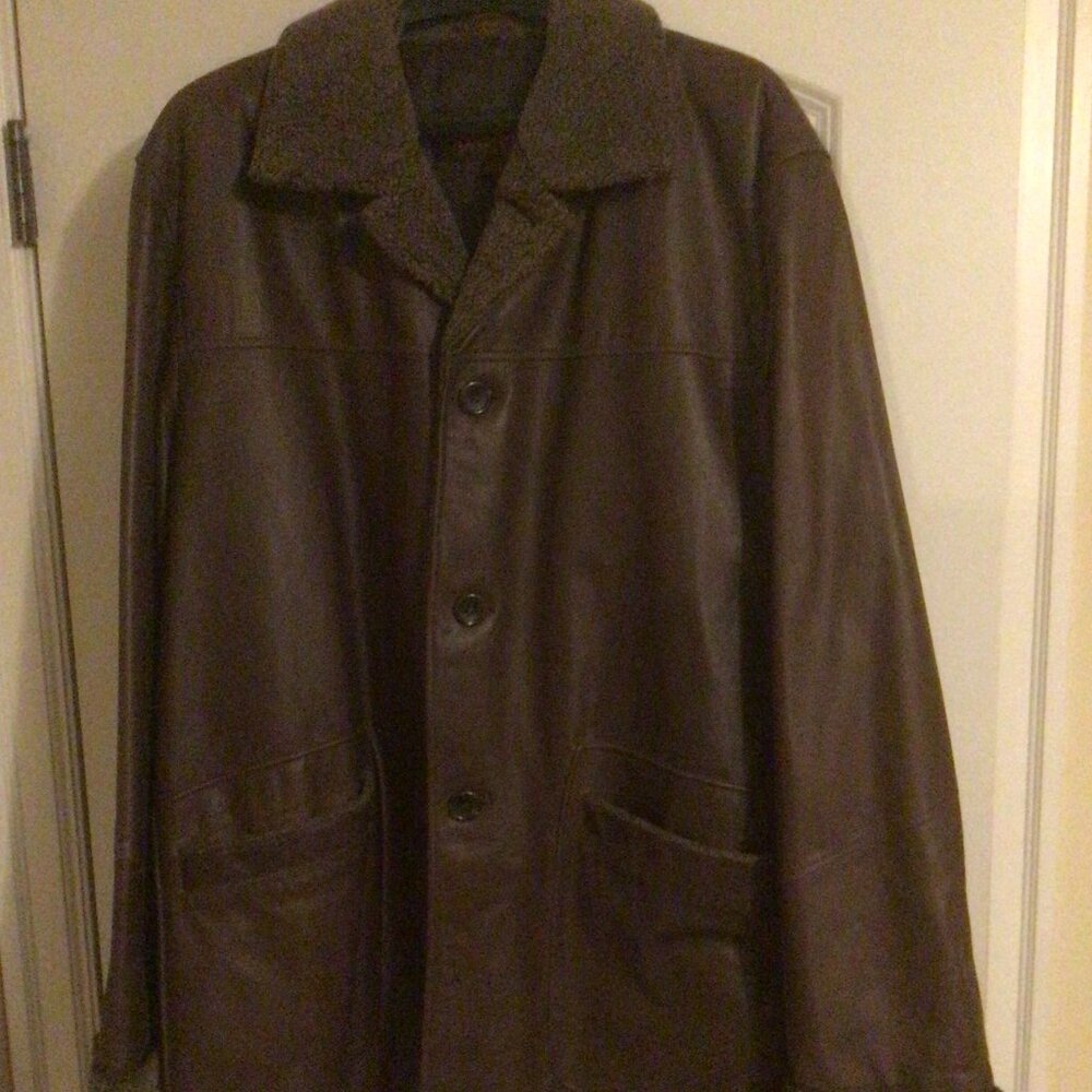 Men's Brown Leather Jacket Sherpa Colour and Trim Cart Coat Length 2XL